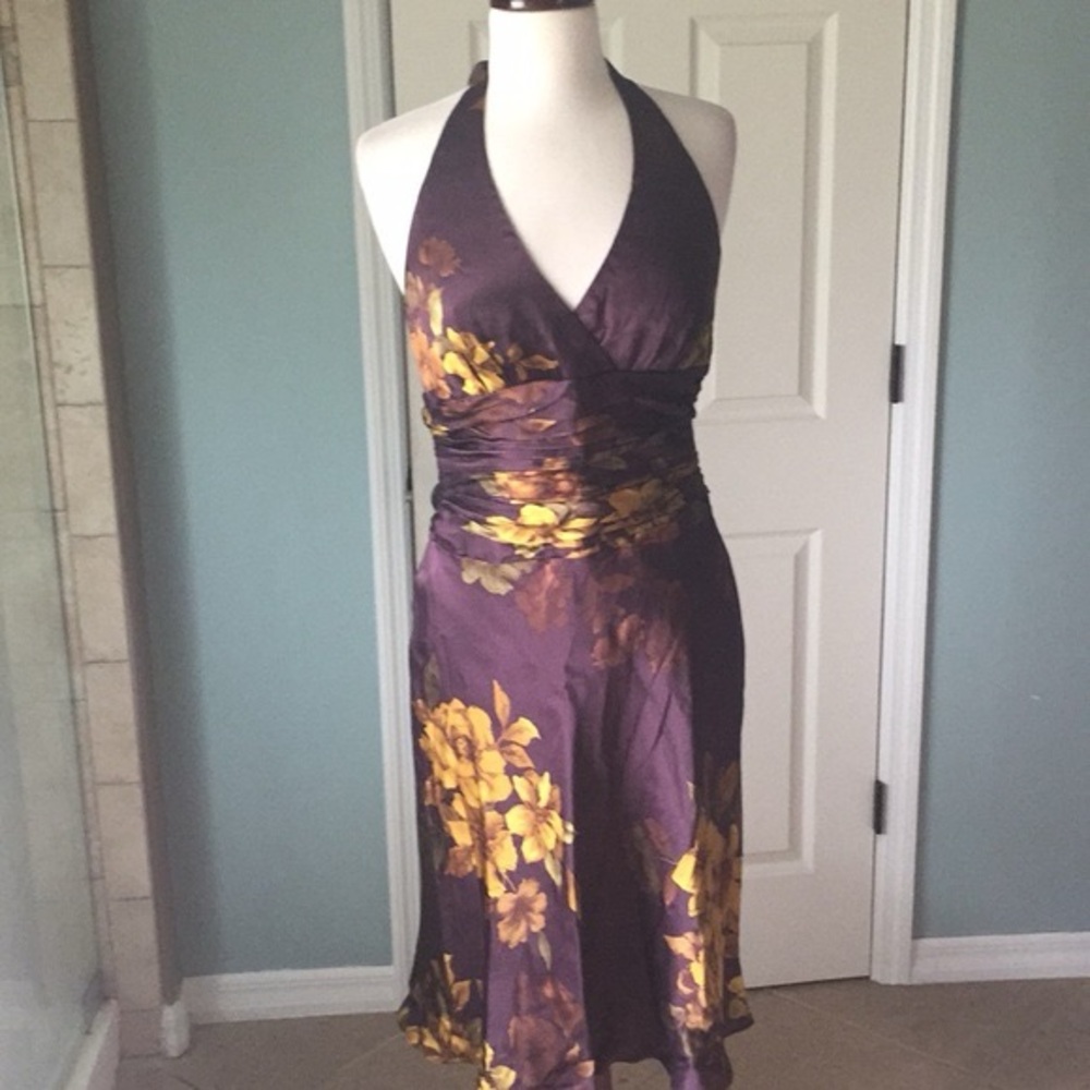 100% silk Elegant Purple and Gold Halter Dress